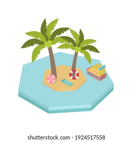 Tropical island in sea with coconut trees.isometric 3d. Vector illustration.