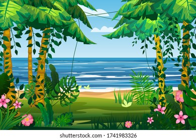 Tropical island sea ocean exotic jungle, palm trees flora, flowers, beach, surf, landscape. Vector, isolated cartoon style banner background for game apps