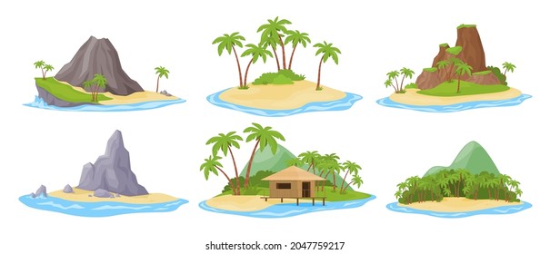 Tropical island at sea ocean set vector flat illustration. Exotic natural landscape for vacation or summer weekend holiday isolated. Palm tree paradise with mountains, cliff and bungalow at rainforest - Shutterstock ID 2047759217