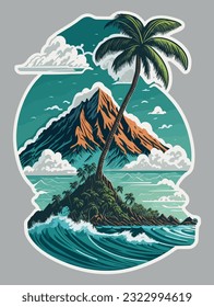 Tropical island in the sea. Print design for t shirt print, poster, sticker, background and other uses. Ai generated. 