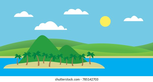 Tropical island in the sea with sandy beach and palm trees under blue sky with clouds and sun - vector, flat design