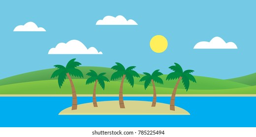 Tropical island in the sea with sandy beach and palm trees under blue sky with clouds and sun - vector, flat design