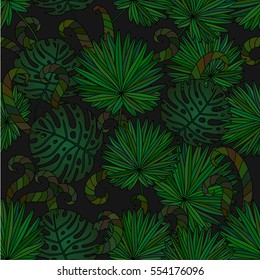 Tropical island seamless pattern. Palm leaves, jungle leaves. Vector floral pattern background
