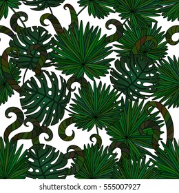 Tropical island seamless pattern. Palm leaves, jungle leaves. Vector floral pattern background