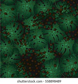 Tropical island seamless pattern. Palm leaves, jungle leaves with berries and seeds. Vector floral background.