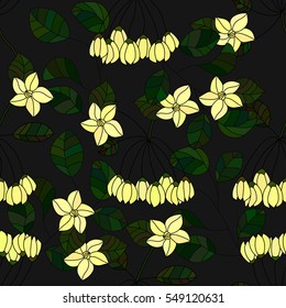 Tropical island seamless pattern with white plumeria. Vector floral illustration.