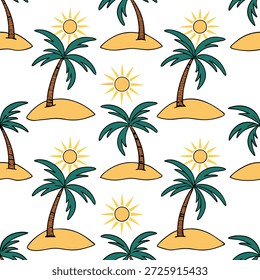 Patrón de azulejos sin fisuras de isla tropical con palmeras sol brillante y concepto de playas de arena como las palmeras sol brillante y playas de arena forman un patrón de azulejos sin fisuras vibrantes y tropicales para un escape de verano en Stock de fotos Concepto y espacio vacío en el lado izquierdo, sin texto --ar 7:2 --tile
