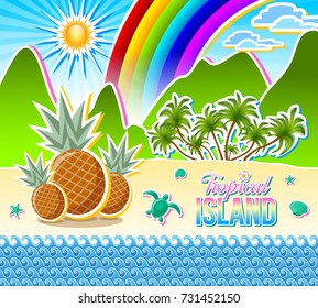 Tropical island seashore scenery. Sandy beach full of shells, turtles, starfishes, pineapples and palm trees with rainbow and Sun in the background.