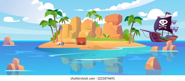 A tropical island with a secret gold hideout and a pirate ship with a black flag in the ocean. A hidden treasure chest with golden coins near a hole and a skull. Cartoon style vector illustration.
