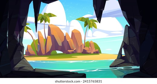 Tropical island seen from dark cave. Vector cartoon illustration of summer seascape with piece of land in sea, palm tree and rocky mountain on sandy beach, transparent water in cliff grotto, blue sky