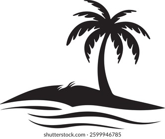 Tropical Island Silhouette, Palm Tree Vector, Beach Illustration, Black Island Art