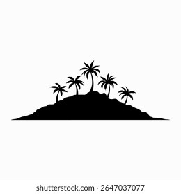 Tropical island silhouette, palm trees, wavy water, black and white illustration, minimalist design, beach landscape, graphic art, simplified shapes, coastal scenery, vacation vibes, tranquil ocean