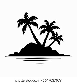 Tropical island silhouette, palm trees, wavy water, black and white illustration, minimalist design, beach landscape, graphic art, simplified shapes, coastal scenery, vacation vibes, tranquil ocean