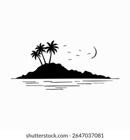 Tropical island silhouette, palm trees, wavy water, black and white illustration, minimalist design, beach landscape, graphic art, simplified shapes, coastal scenery, vacation vibes, tranquil ocean