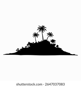Tropical island silhouette, palm trees, wavy water, black and white illustration, minimalist design, beach landscape, graphic art, simplified shapes, coastal scenery, vacation vibes, tranquil ocean
