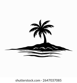 Silhueta de ilha tropical, palmeiras, água ondulada, ilustração em preto e branco, design minimalista, paisagem de praia, arte gráfica, formas simplificadas, cenário costeiro, vibrações de férias, oceano tranquilo