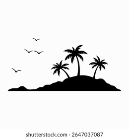Silhueta de ilha tropical, palmeiras, água ondulada, ilustração em preto e branco, design minimalista, paisagem de praia, arte gráfica, formas simplificadas, cenário costeiro, vibrações de férias, oceano tranquilo