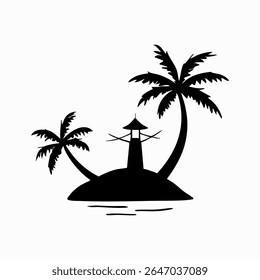 Tropical island silhouette, palm trees, wavy water, black and white illustration, minimalist design, beach landscape, graphic art, simplified shapes, coastal scenery, vacation vibes, tranquil ocean