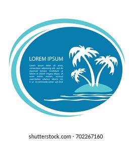 Tropical island silhouette with text frame. Palm tree silhouettes. Template for post card or flyers.