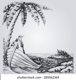 Tropical Island Sketch, Sea Shore, Palm Trees And Boat Summer Design