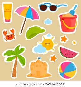 Tropical island sticker, planner and scrapbook. Fun swimming in the sea and sun. Beach summer vacation for kids. Cute funny sticker sheet, planner and scrapbook. Vector illustration set