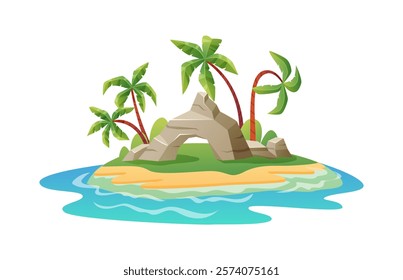 Tropical island. Stone rock, exotic palm coconut tree in ocean. landscape isolated on white background. Paradise uninhabited land in sea. Jungle environment. Cartoon flat style vector illustration