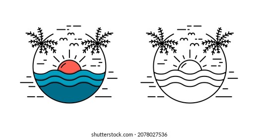 Tropical island summer beach, lineart, outline, mono line design