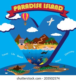 Tropical island, summer design elements. Vector illustration.