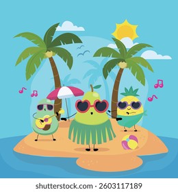 Tropical Island Summer Party Cute Fruit Characters Dancing and Playing Guitar.