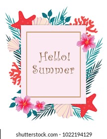 Tropical island for summer season invitation card vector design., starfish, hibiscus flowers, coconut leaves, coral and sea shell decorative on card.