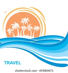 Tropical island and sun.Sea waves blue background illustration for text