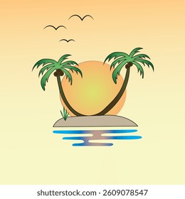 Tropical Island Sunset Illustration for Logo