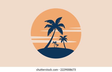 Tropical Island Sunset Retro Postcard Vector Illustration