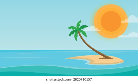 Tropical island sunset vector featuring a leaning palm tree on a sandy islet, calm turquoise sea, glowing orange sun, and soft clouds, ideal for travel posters, summer backgrounds, resort branding, web banners, and vacation graphics.