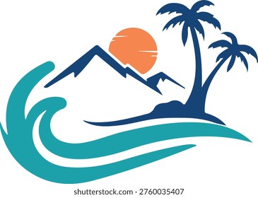 Tropical island sunset vector logo, beach mountain landscape with palm trees and ocean waves, summer vacation travel resort icon, paradise nature.