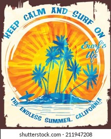 Tropical island and surf beach vector poster