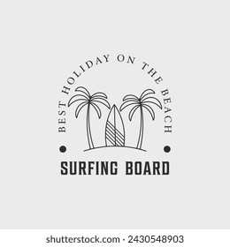 tropical island surf board line art logo minimalist simple vector illustration template icon design