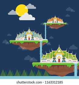 Tropical island. temple on paradise ocean. Thailand with attractions, landmark, vector illustration