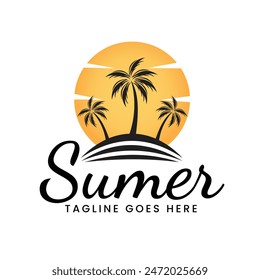 Tropical Island with three palm trees logo template design vector