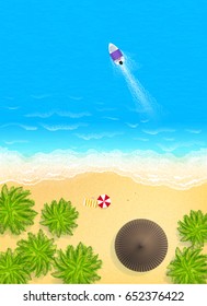 Tropical island top view with palm trees, villa roof, beach umbrella and boat. Vector poster background.