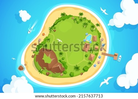Tropical island top view. An island with palm trees, a mountain and houses in the middle of the ocean from a bird's eye view. Summer vacation place. Vector illustration.