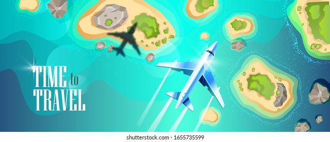 Tropical island top view with rocks, palm forest, beaches, plane and shadow. Summer paradise vacation concept. Banner for air transportation and tourism companies’ advertisements. 