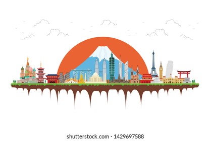 Tropical island and Travel composition with famous landmarks. Flat design