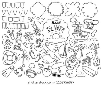 Tropical Island Travel doodle icons, flag banners and text bubbles. Black line vector illustrations on white background. Summer travel clipart. Marine adventures, sailing and snorkeling. Cute sea logo