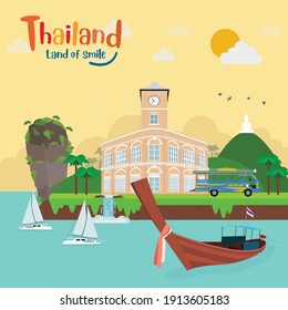 Tropical island. Travel to phuket southern Thailand. Vector illustration