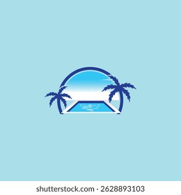 Tropical island travel vector illustration features a summer beach with palm trees under a sunset sky
