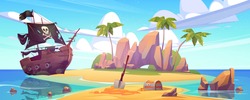 Tropical Island With Treasure Chest And Broken Pirate Ship. Vector Cartoon Sea Landscape With Sail Boat After Shipwreck With Skull On Black Sails, Palm Trees And Gold Coins On Uninhabited Island