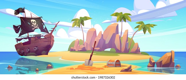 宝箱と壊れた海賊船を持つ熱帯の島。黒い帆に頭蓋骨、ヤシの木、無人島に金貨を持つ船の後の帆船とベクター漫画の海の風景