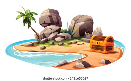 Tropical island with treasure chest, palm trees and rocks. Vector cartoon illustration isolated on white background