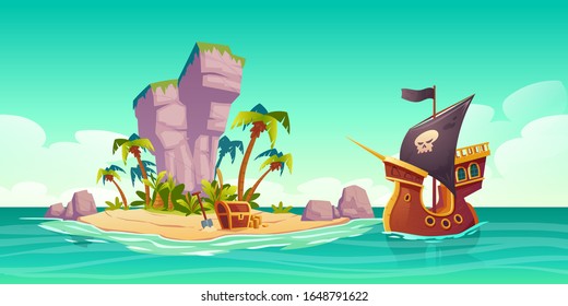 Tropical island with treasure chest and pirate ship in ocean. Vector cartoon illustration of sea landscape with wooden ship with skull on black sails, uninhabited island and gold coins on sand beach